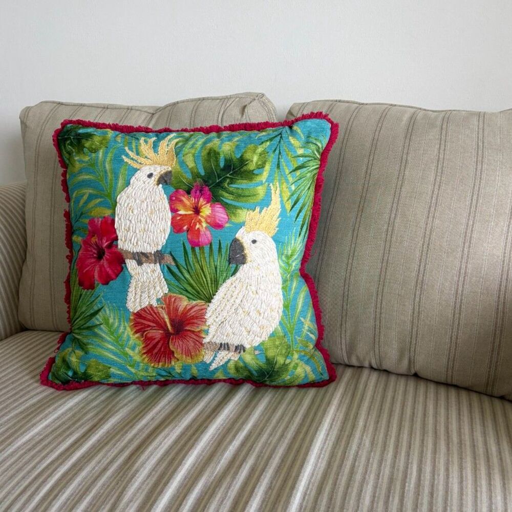 Embroidered 2 Cockatoos, Palm leaves, and Flowers Tasseled Decorative Pillow 18